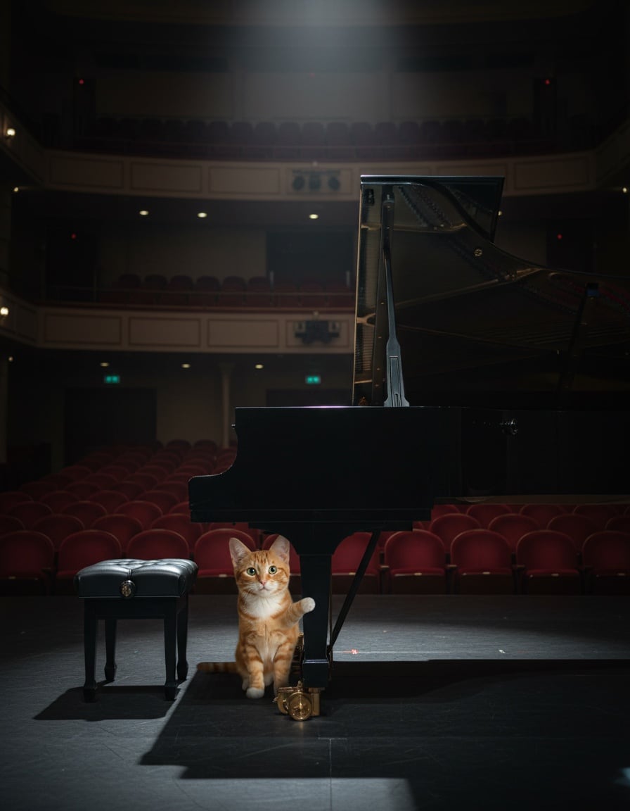 Pixa the cat climbs a huge black grand piano on a concert hall stage.