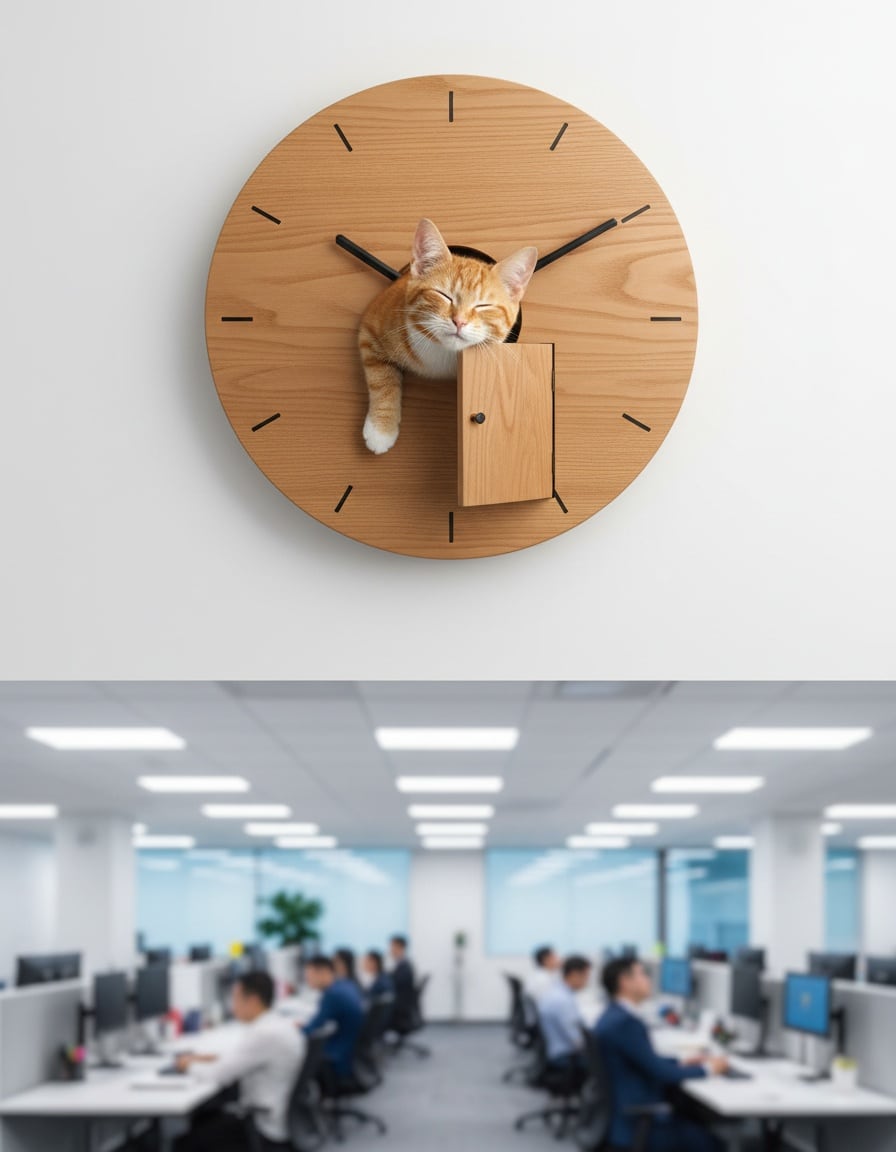 A ginger tabby cat pops out of a wall clock like a cuckoo bird in an office.