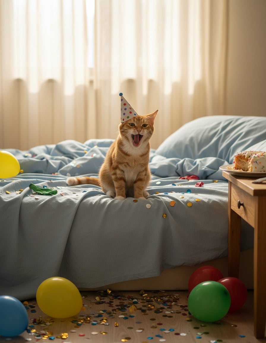 A sleepy ginger tabby cat on a bed has a party hat on its ear among leftover party decorations.