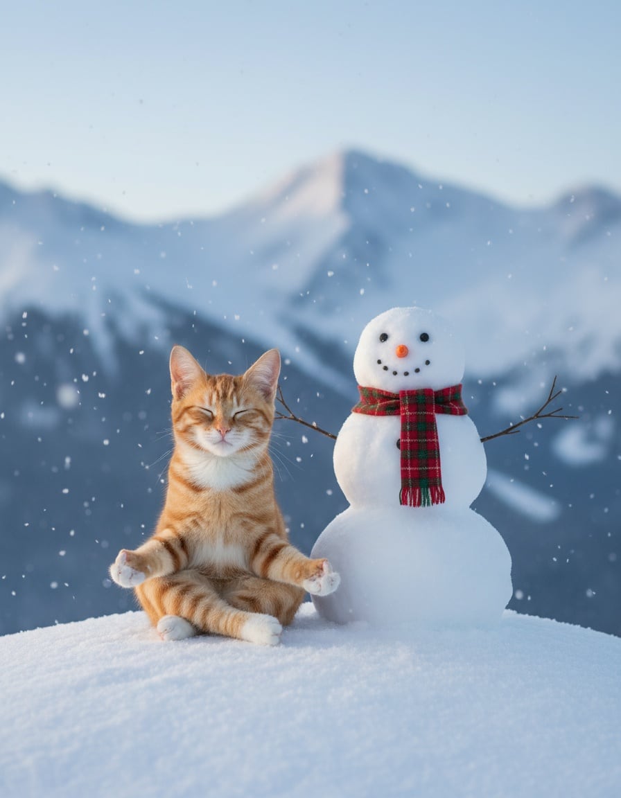A ginger tabby cat meditates beside a cross-legged snowman on a snowy mountain.