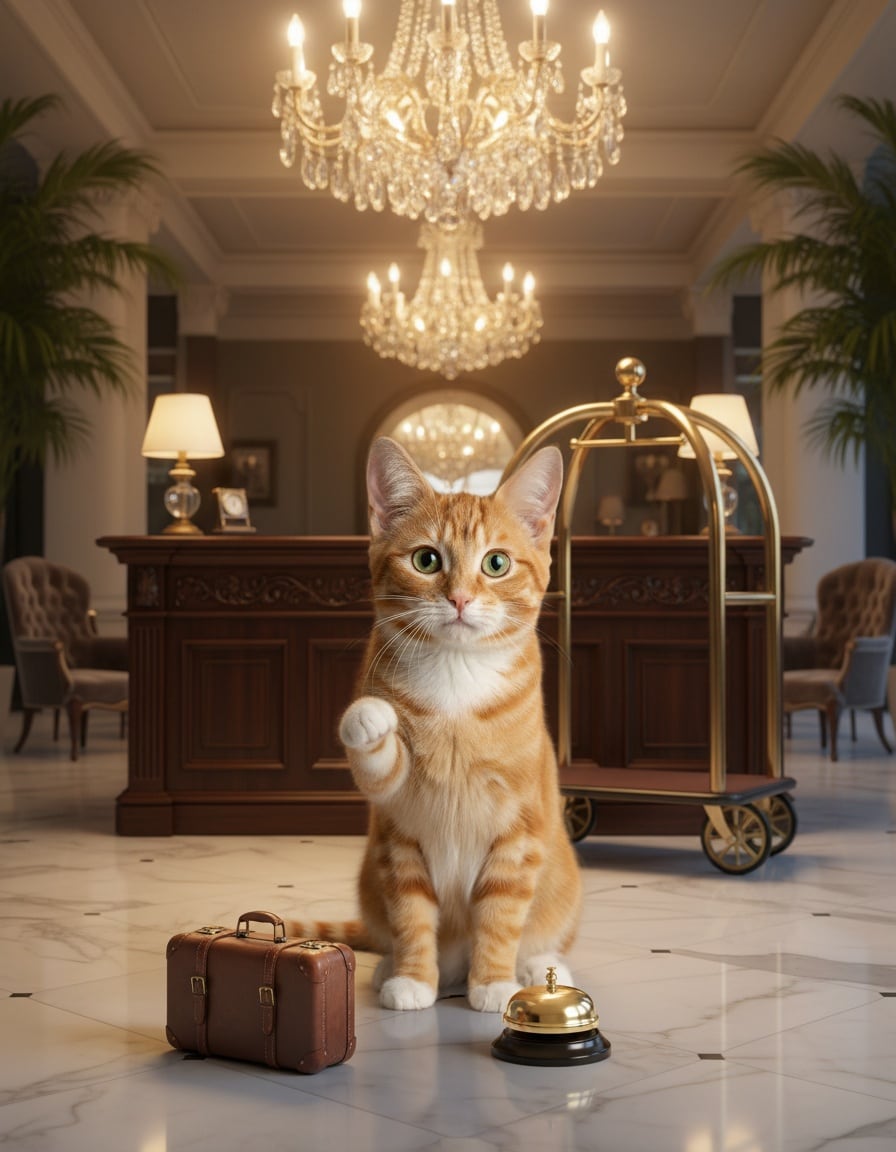 Pixa the cat rings the bell at a hotel reception desk next to a small suitcase.