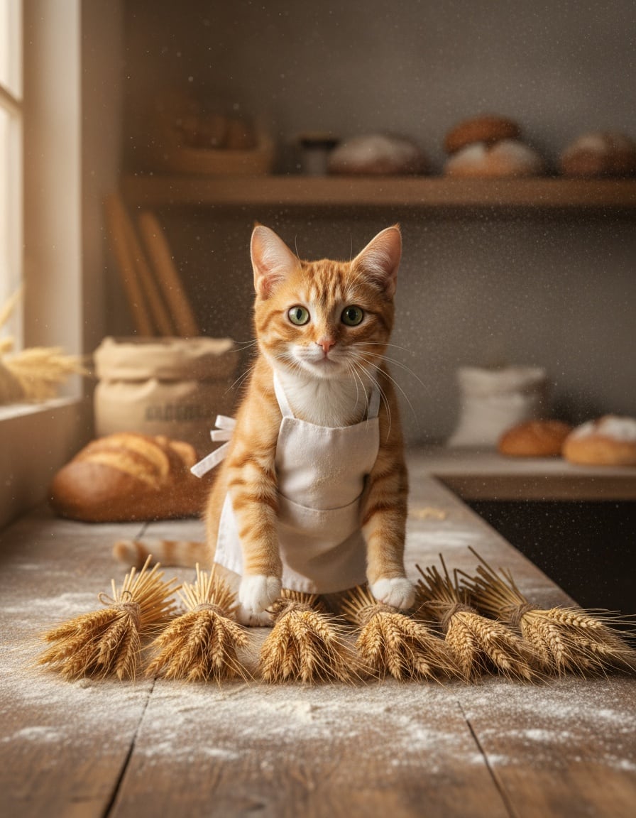 A ginger tabby cat in a baker's apron stands beside eight bundles of wheat on a floury bakery counter.