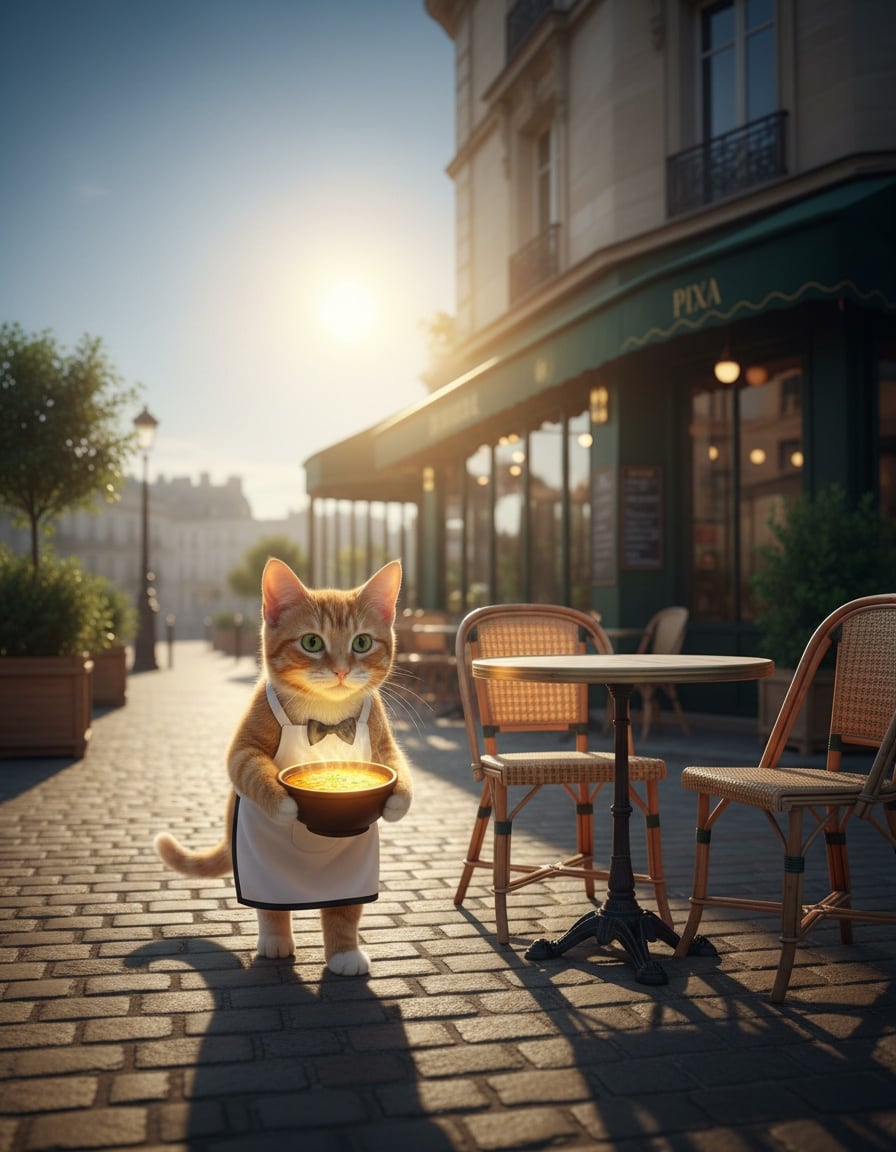 A ginger cat waiter serves a bowl of golden soup at a sunny café.
