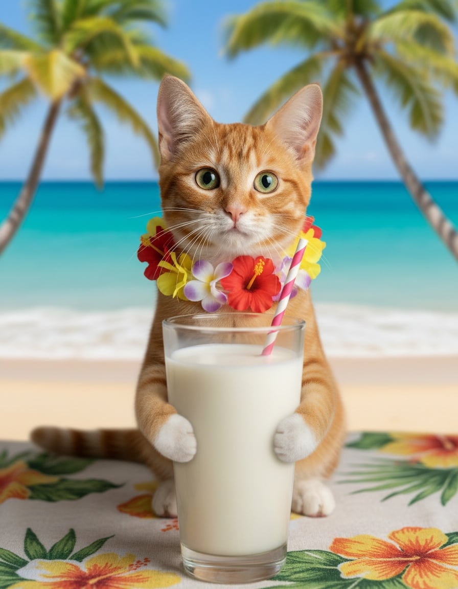 A ginger cat wearing a flower garland drinks a glass of milk on a sunny beach.
