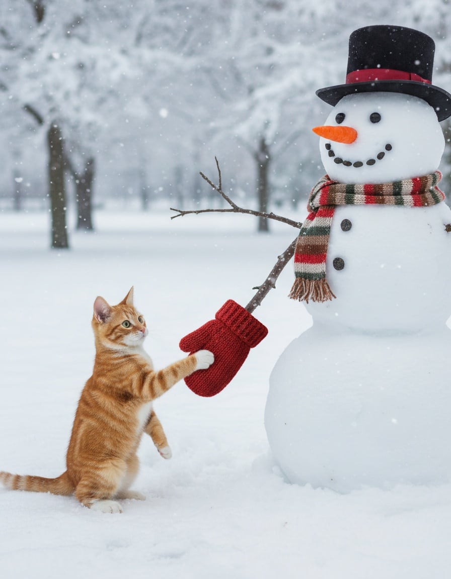 A ginger tabby cat shakes the red-mittened hand of a snowman in a snowy park.