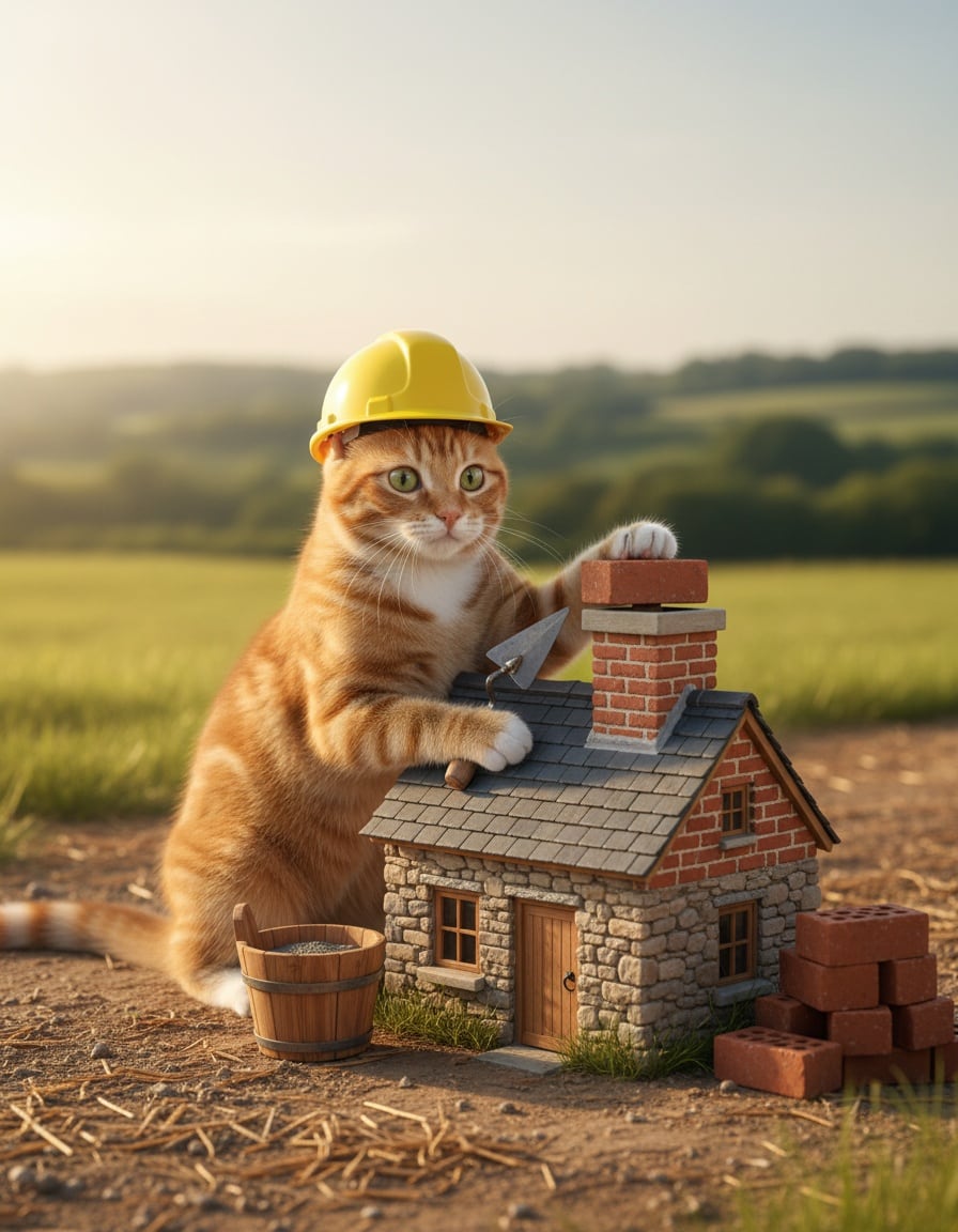 A ginger cat in a hard hat lays bricks to finish building a small house.