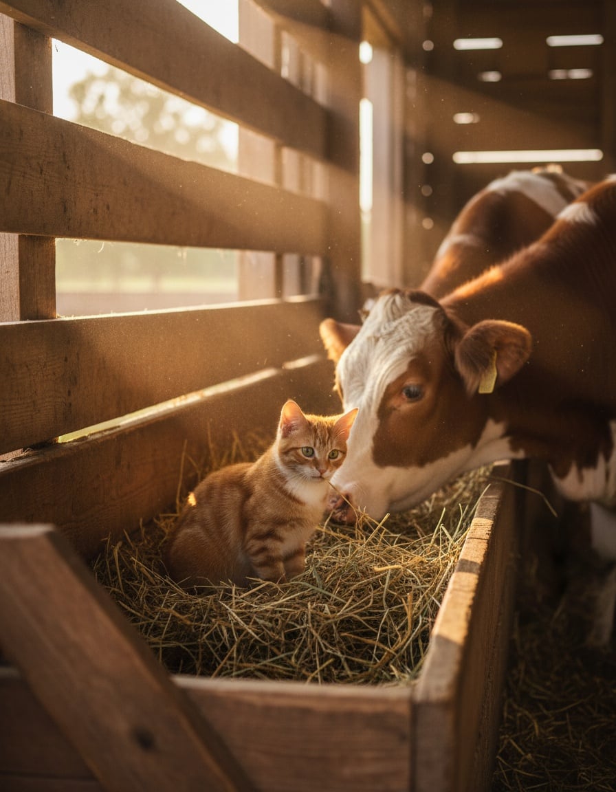 A ginger tabby cat sits in a barn feeding trough eating hay next to two cows.