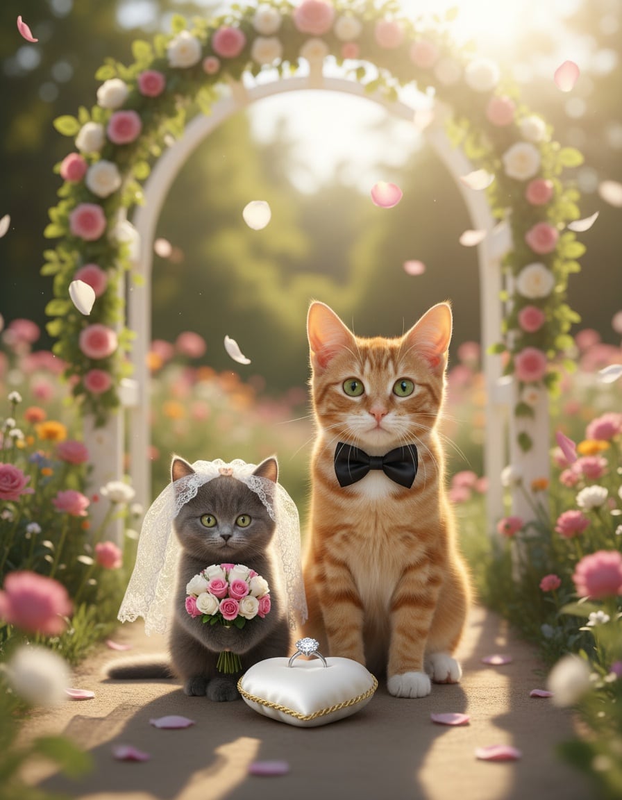 A ginger tabby cat in a veil stands beside her grey tomcat husband in a bow tie under a rose-covered wedding arch.