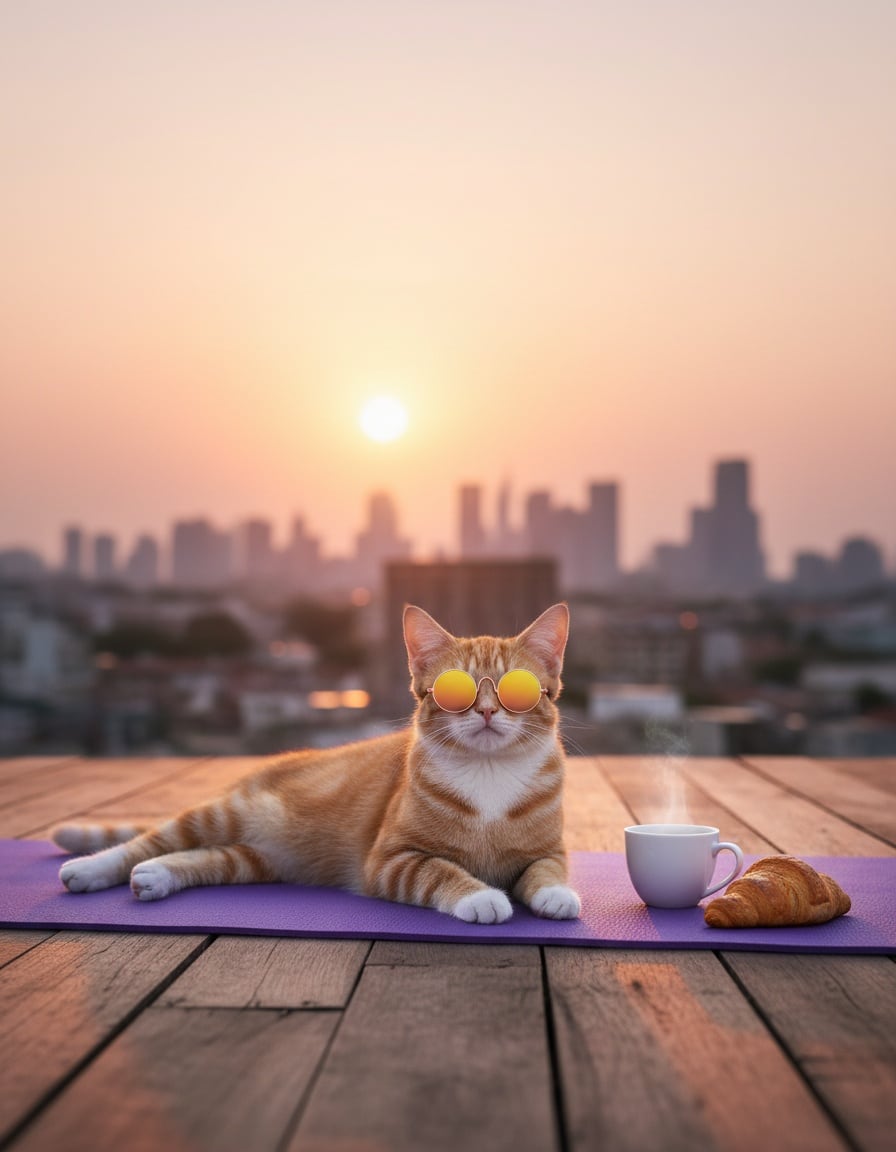 A ginger tabby cat in sunglasses lies on a yoga mat on a rooftop terrace at sunrise.