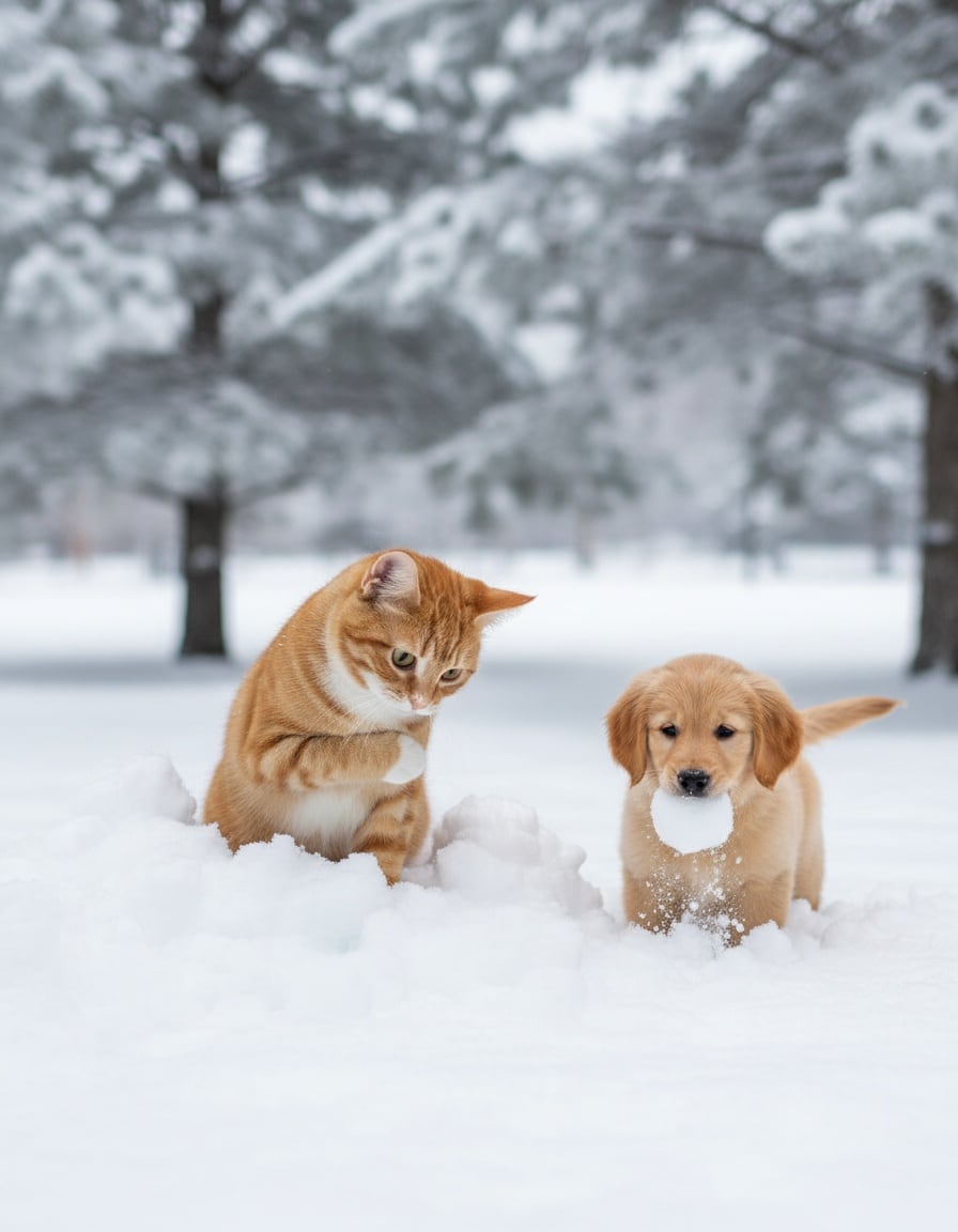 A ginger cat covered in snowballs thanks a puppy who drops its last snowball in a snowy park.