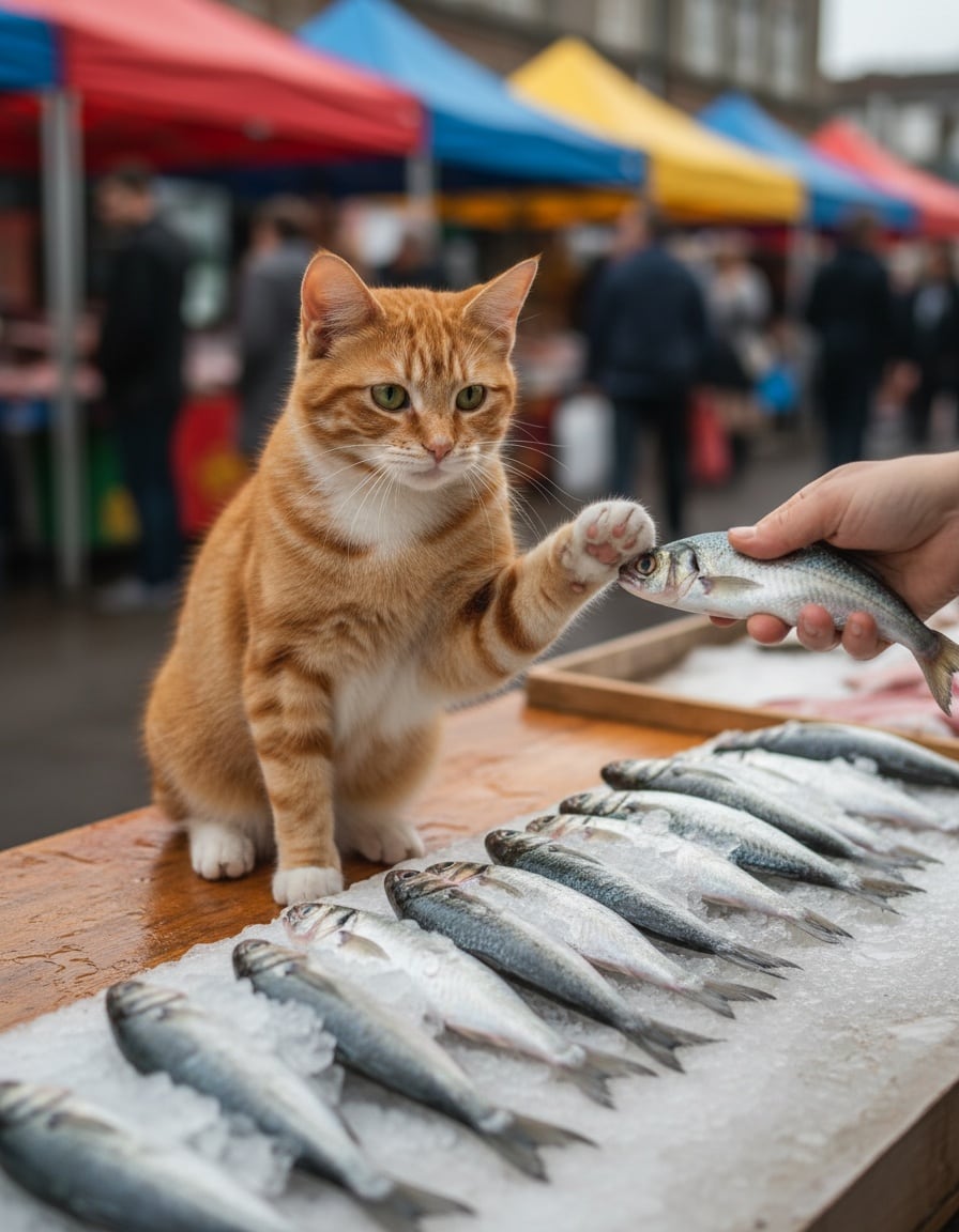 A ginger tabby cat at a fish market sits by nine fish and pushes away a tenth one with its paw.