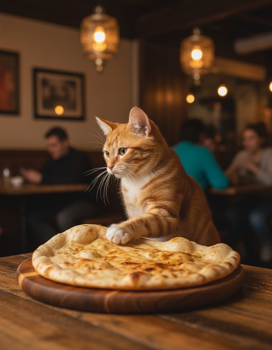 A ginger cat at a restaurant table pushes away a huge naan bread and turns its head to say no.