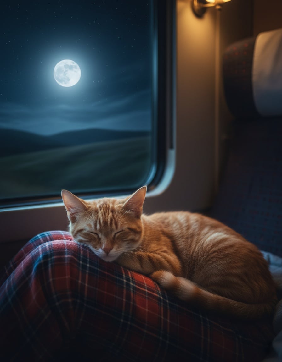 A ginger cat sleeps on someone's knee in a train at night with the moon outside.