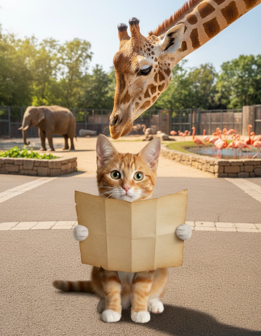 A lost ginger tabby cat holding a map looks up at a giraffe at a crossroads in a zoo.