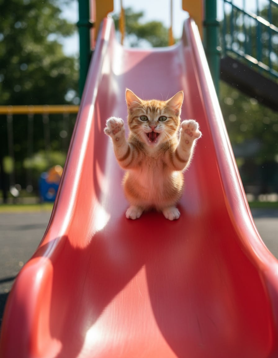 A ginger cat happily zooms down a red playground slide with its paws in the air.