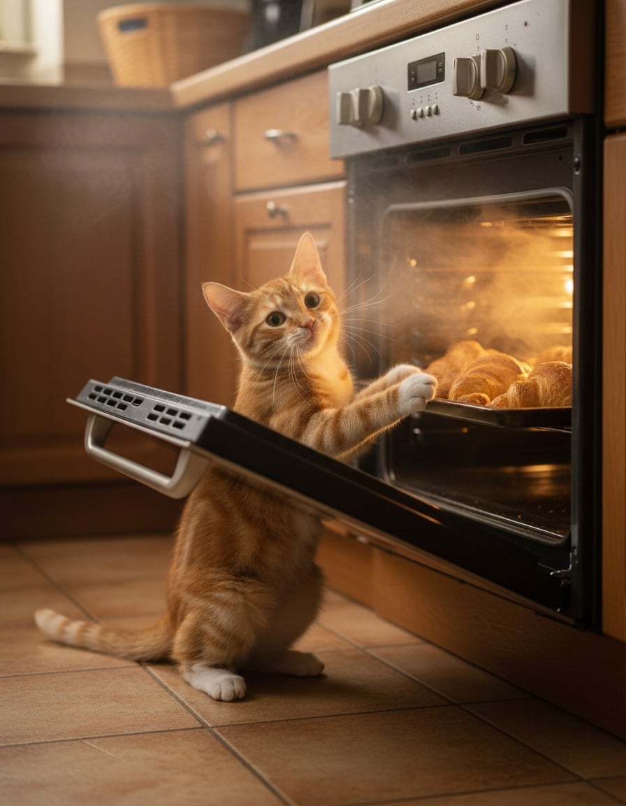 A ginger tabby cat holds an oven door wide open as warm air and the smell of croissants puff out.