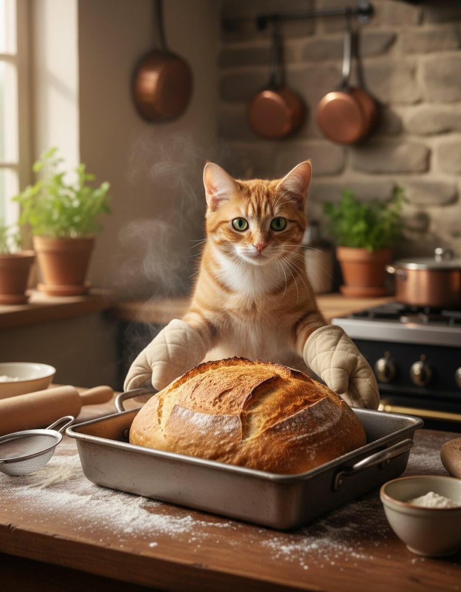 A ginger tabby cat in oven mitts lifts a big pan with a freshly baked loaf of bread.