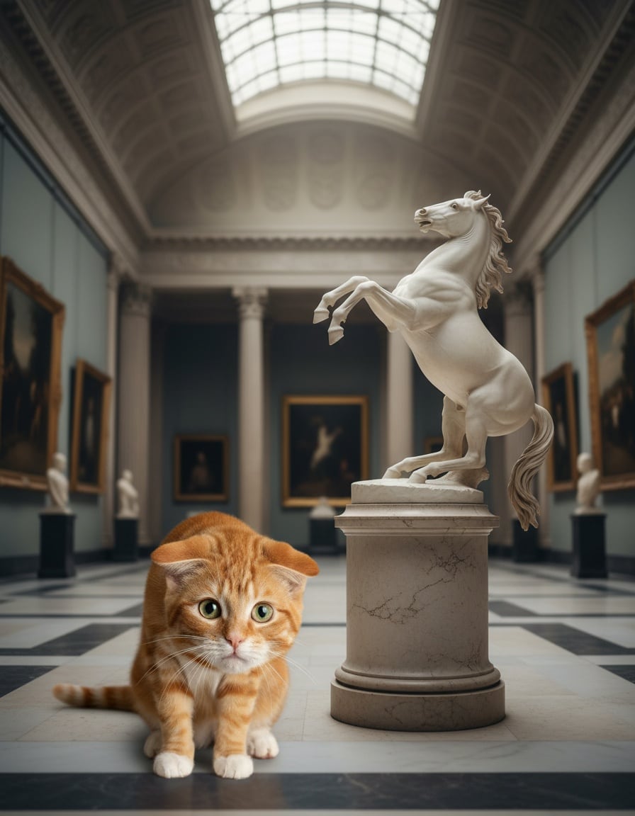 A ginger cat bows apologetically next to a wobbling marble horse statue in a museum.