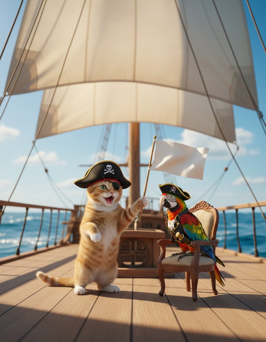 A ginger tabby cat in a pirate hat waves a white flag and talks to a parrot on a ship's deck.