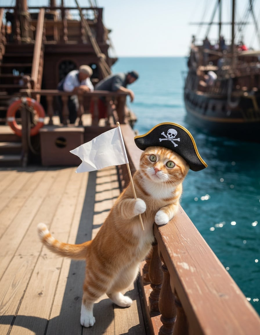 A ginger tabby cat in a pirate hat waves a white flag on a ship's deck toward sailors on another ship.