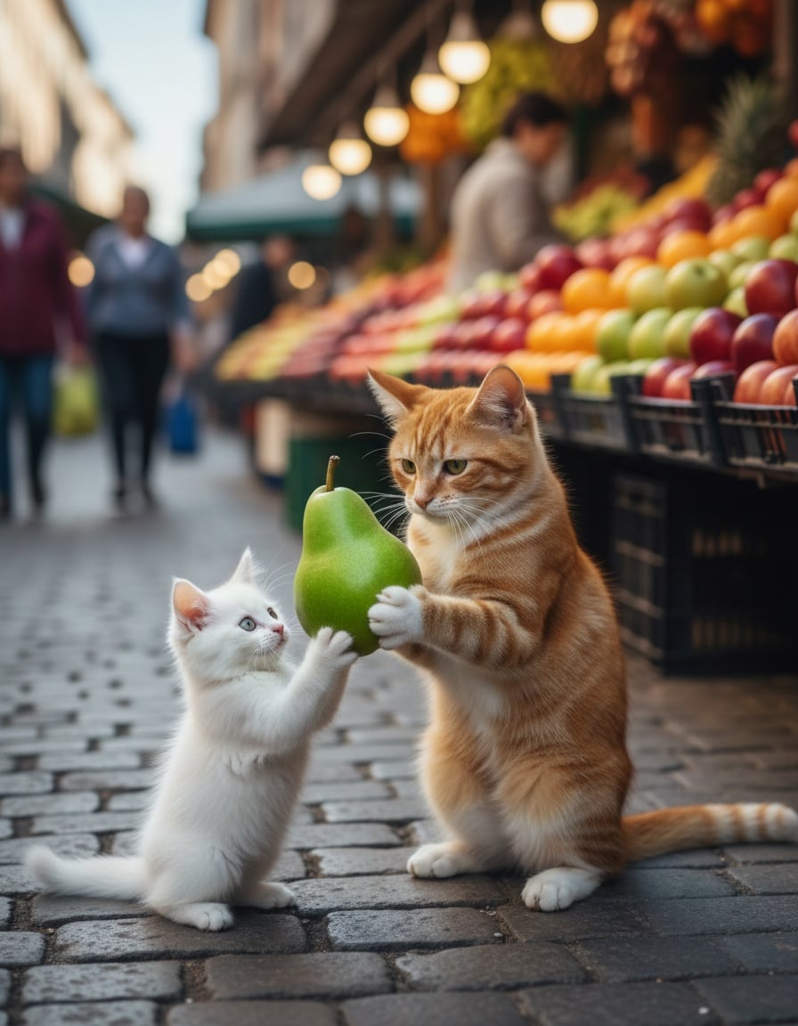 A big ginger tomcat hands Pixa a giant pear at a fruit market.