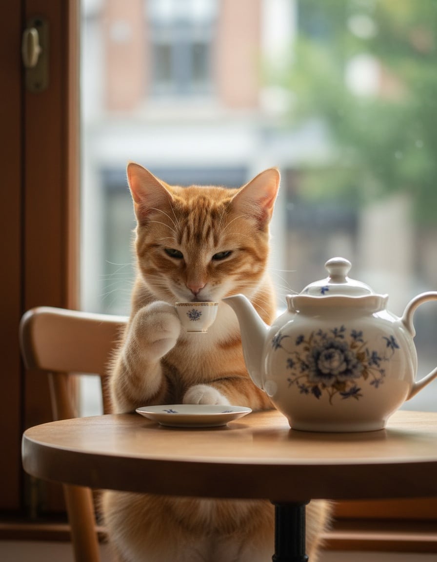 Pixa the cat sips tea from a tiny teacup at a café table.