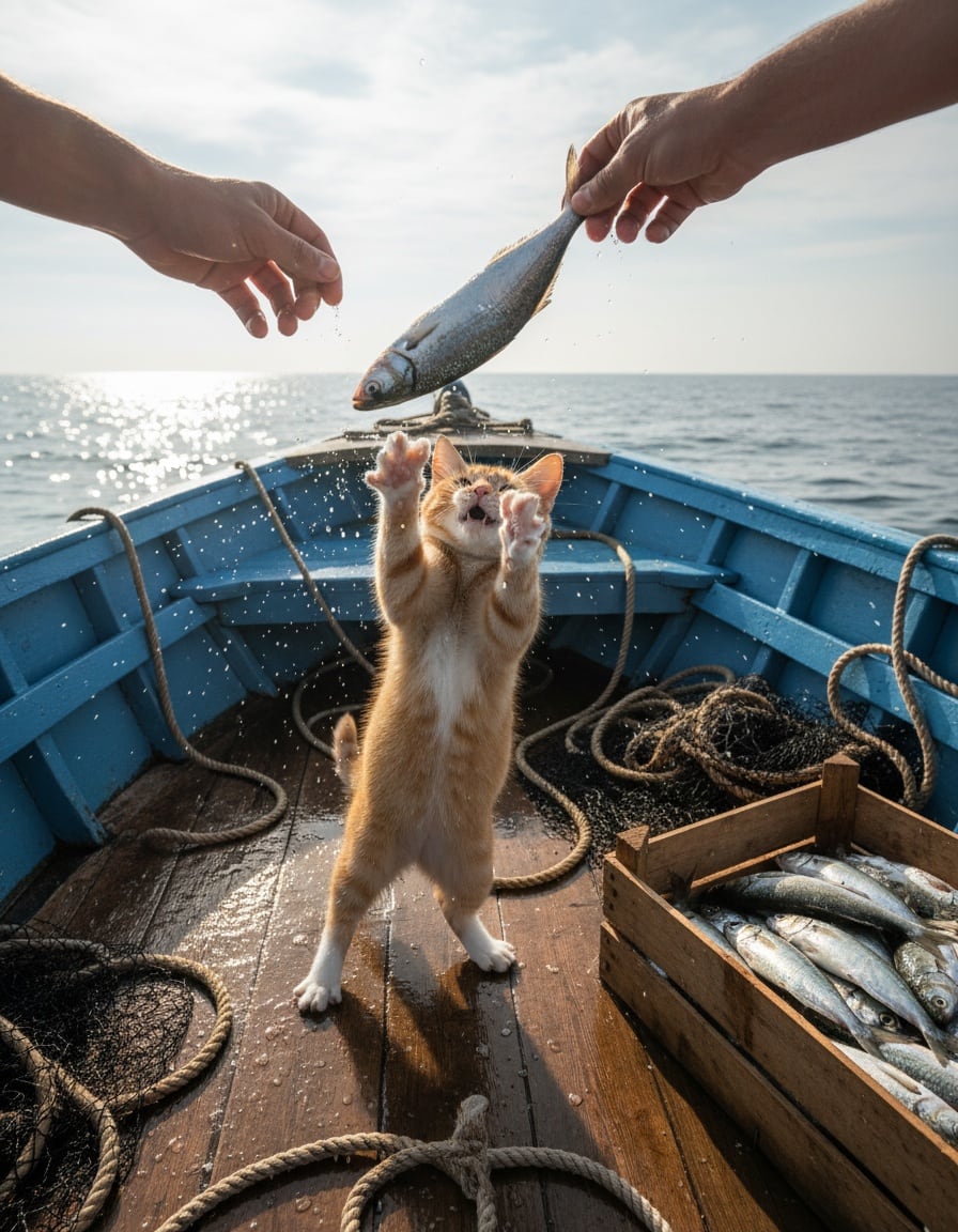 A ginger tabby cat leaps to catch a silver fish on the deck of a fishing boat at sea.