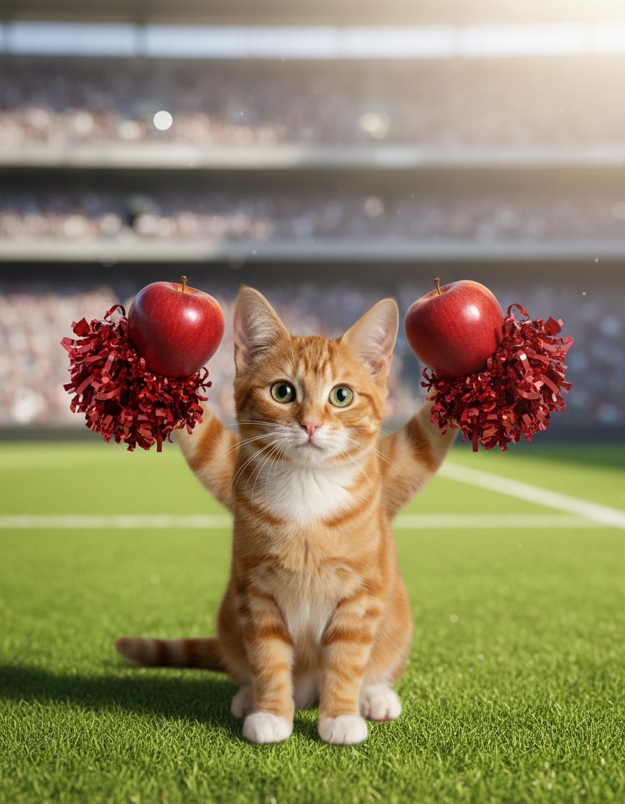 A ginger tabby cat on a stadium field cheers while holding two red apples like pom-poms.
