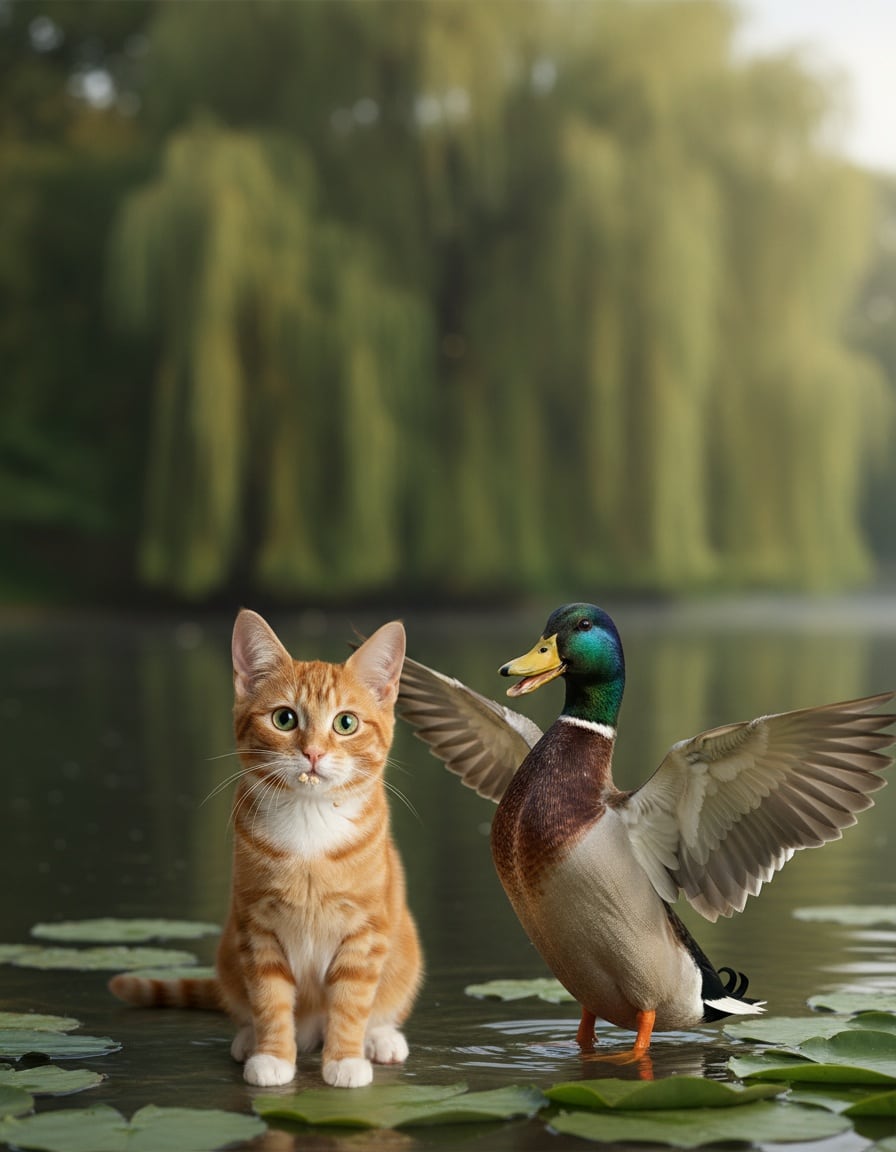 A duck spreads its wings in confusion at a ginger tabby cat with bread crumbs on her whiskers by a pond.