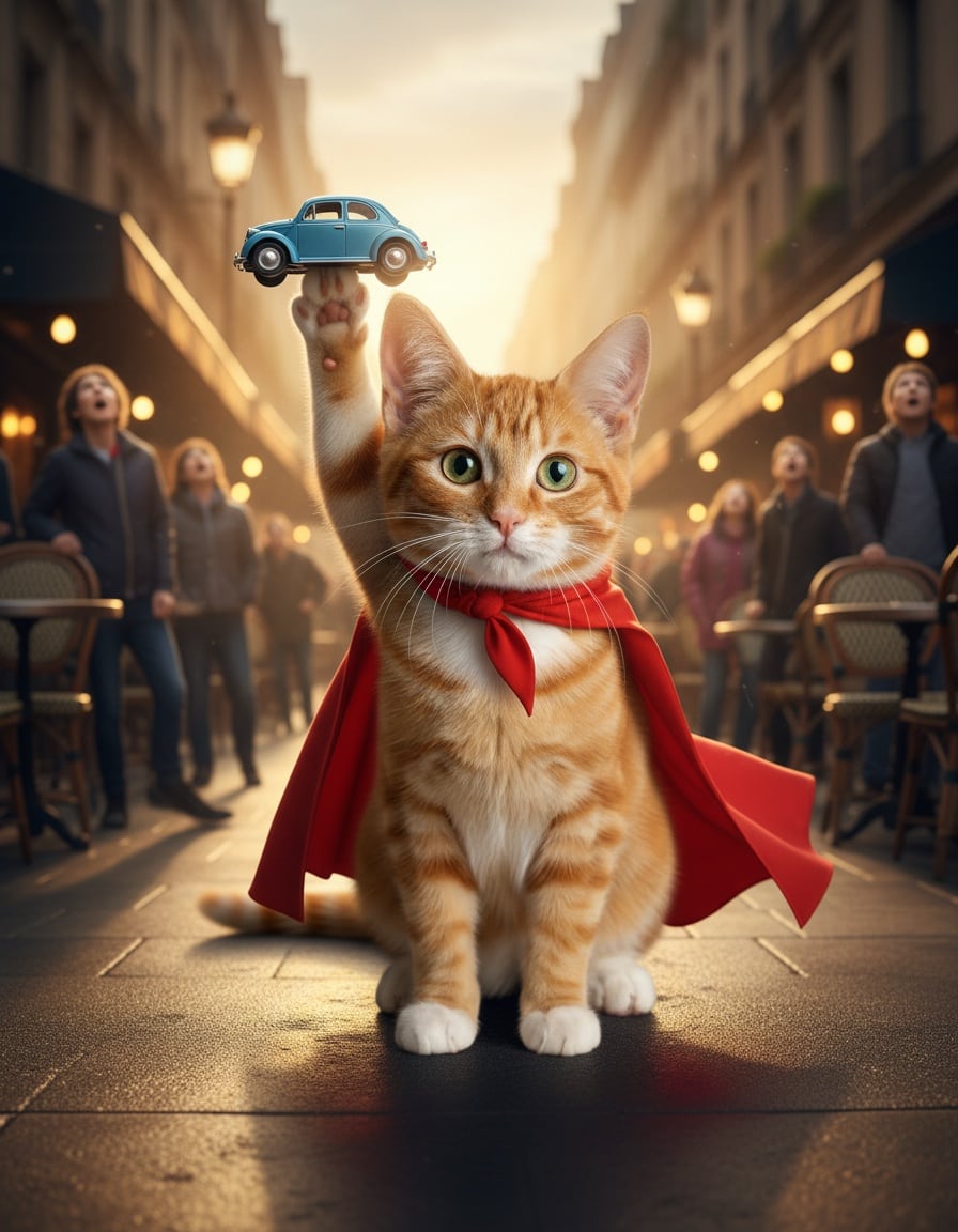 A ginger tabby cat in a red cape lifts a small blue car above her head on a city street.
