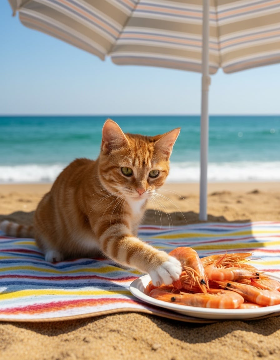A ginger tabby cat takes a large pink prawn from a picnic plate on a sunny beach.