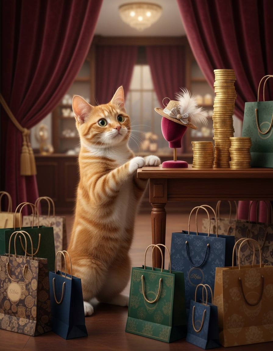 A ginger tabby cat with shopping bags stares in shock at a tiny hat beside a tall stack of gold coins in a boutique.