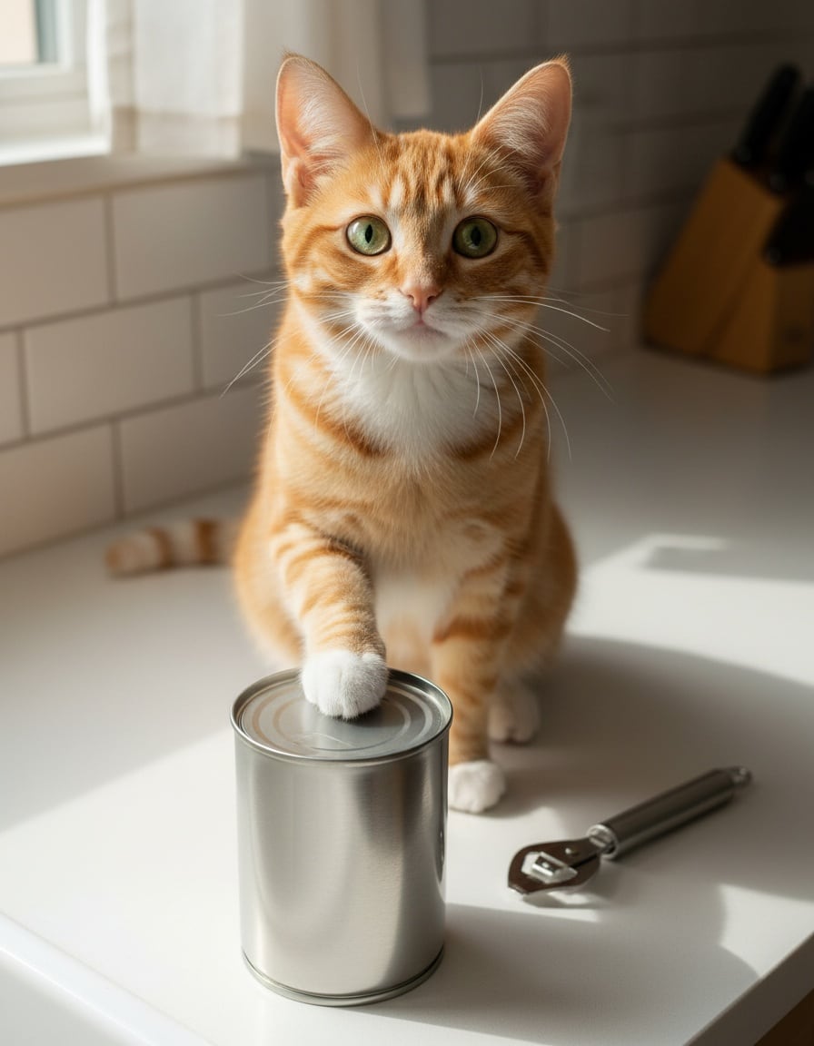 A ginger tabby cat sits by a can of tuna on a kitchen counter, looking up impatiently.