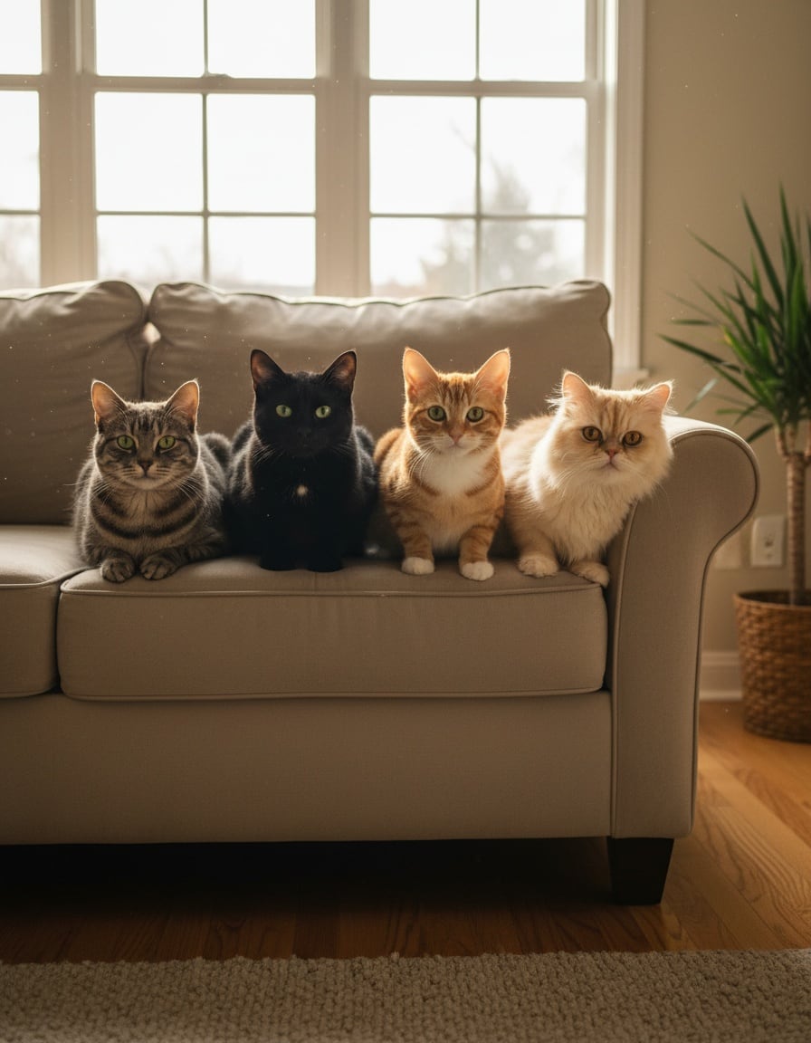 Pixa the ginger cat sits in a row with three other cats on a sofa, four cats in total.