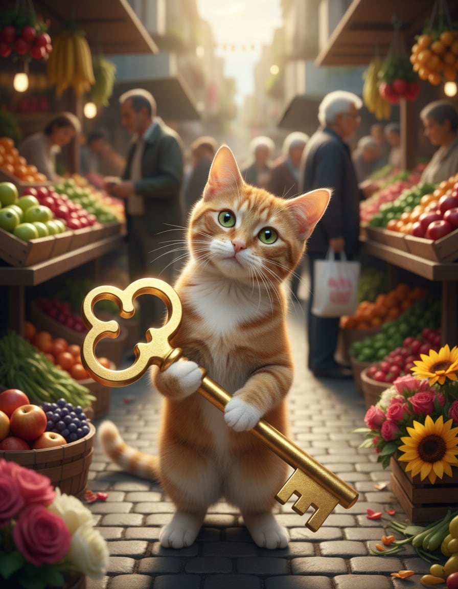 A ginger cat holds up a giant golden key at a market, looking for its owner.