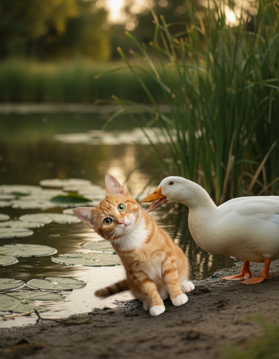 A ginger tabby cat looks confused as a duck quacks loudly at her beside a pond.
