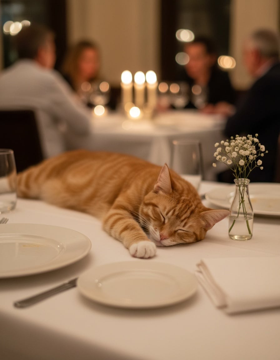 A ginger tabby cat naps on a restaurant table beside empty plates in candlelight.