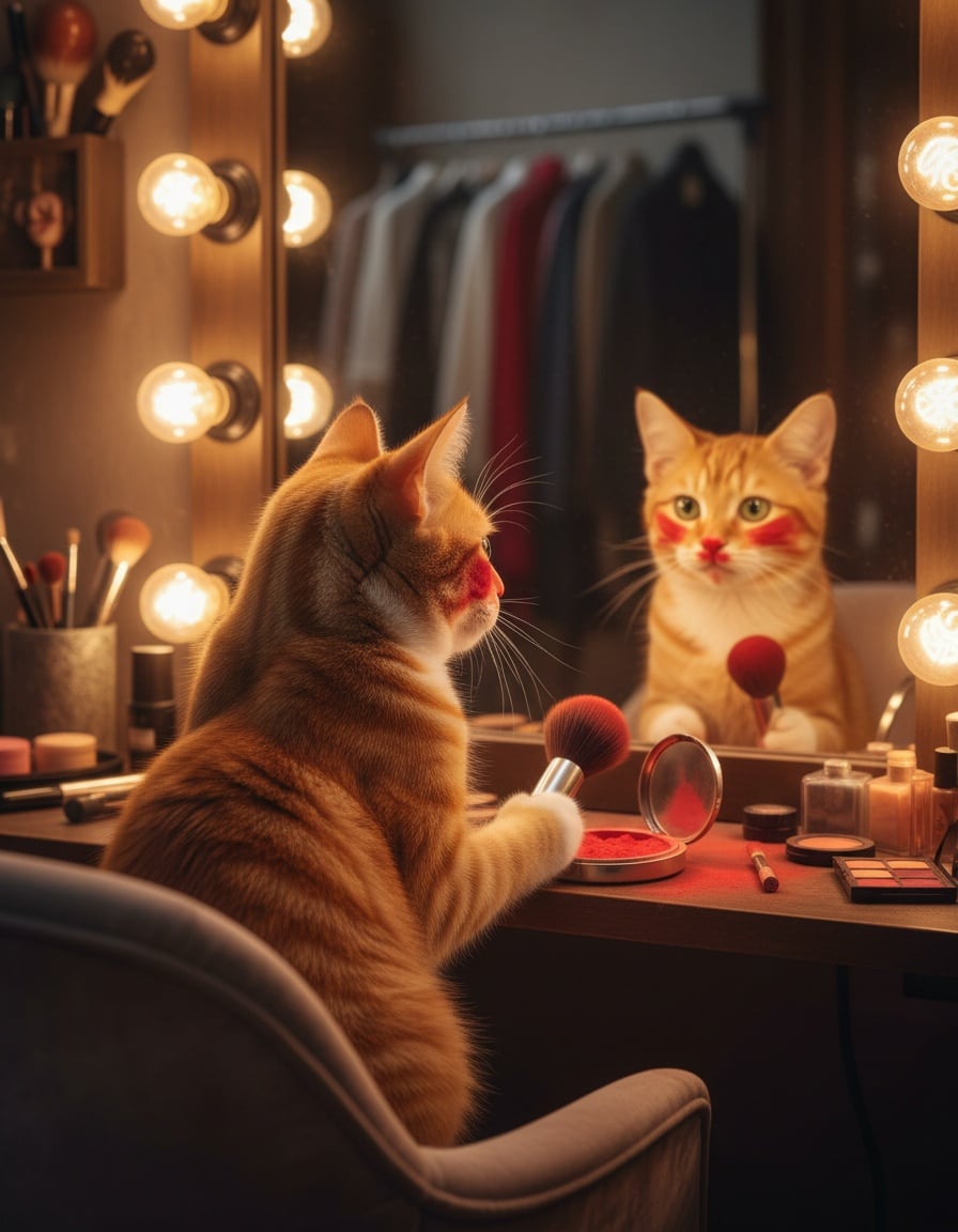 A ginger cat with bright red cheeks applies red makeup in a theatre mirror.
