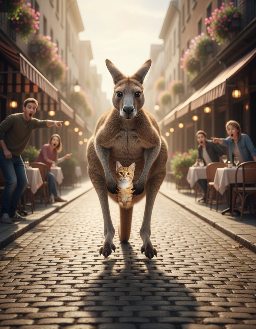 A ginger tabby cat rides in a kangaroo's pouch as it hops down a cobblestone street.