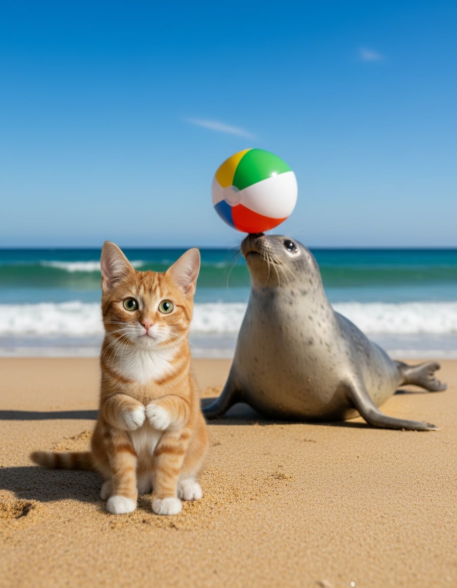A ginger cat on a beach begs with clasped paws to a seal balancing a beach ball.