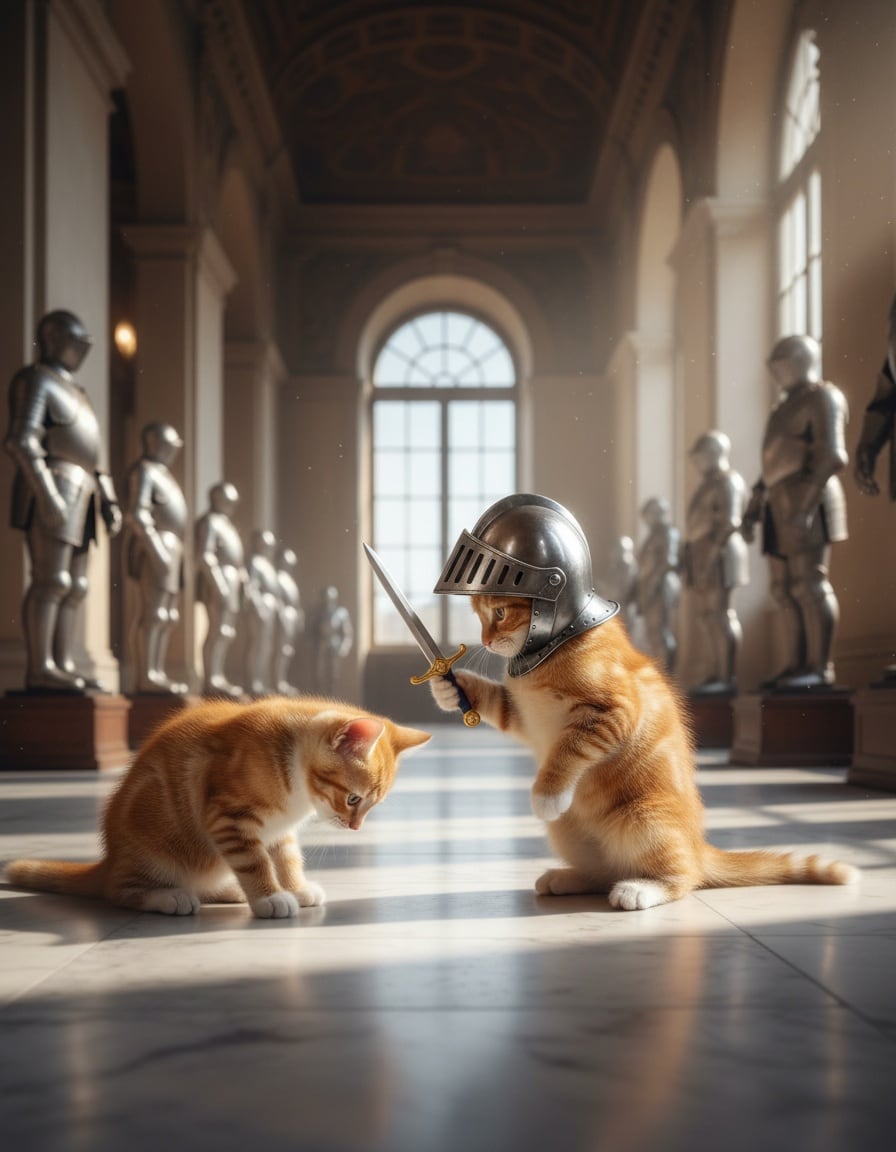 A ginger tabby cat bows to her little kitten sister, who wears a tiny knight's helmet in a museum.