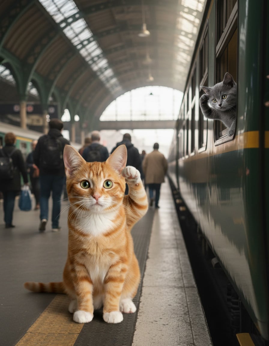 A ginger tabby cat salutes a grey cat leaning out of a train window on a station platform.