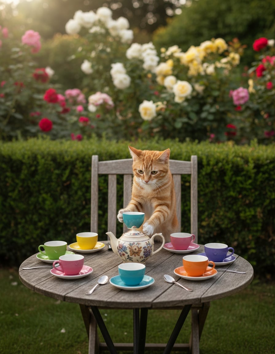 A ginger tabby cat sets a garden table with seven teacups for a tea party.