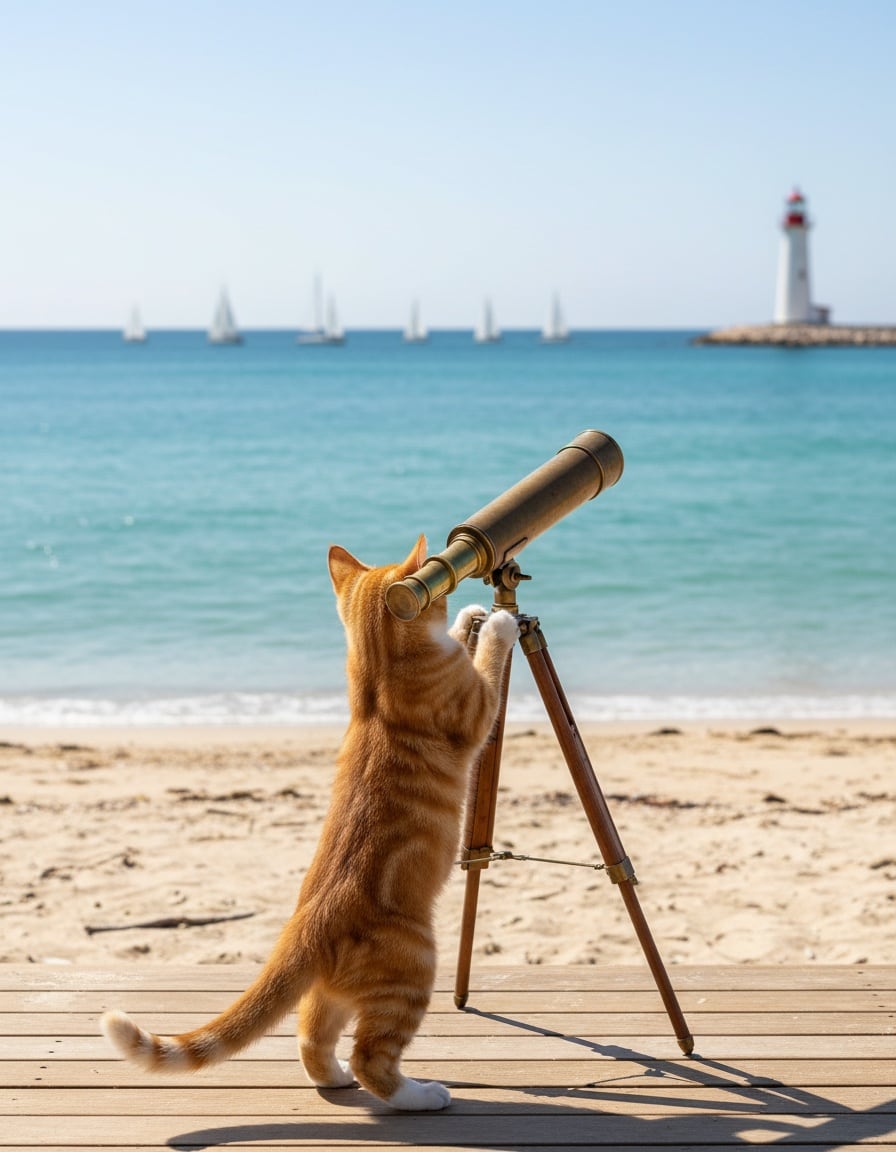 A ginger tabby cat looks through a brass telescope on a beach at six sailboats on the sea.