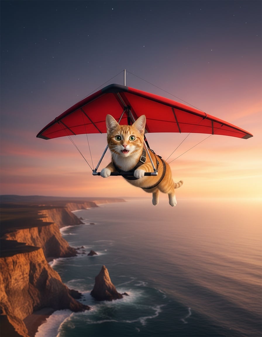 A ginger tabby cat flies a red hang glider over sea cliffs at sunset in the evening.
