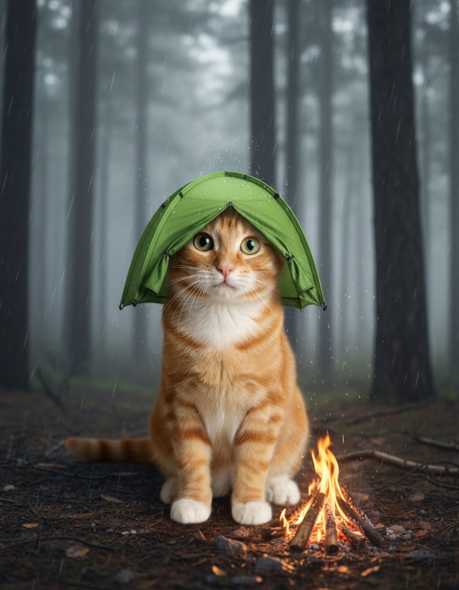 A ginger tabby cat at a rainy forest campsite wears a tiny green tent on her head.