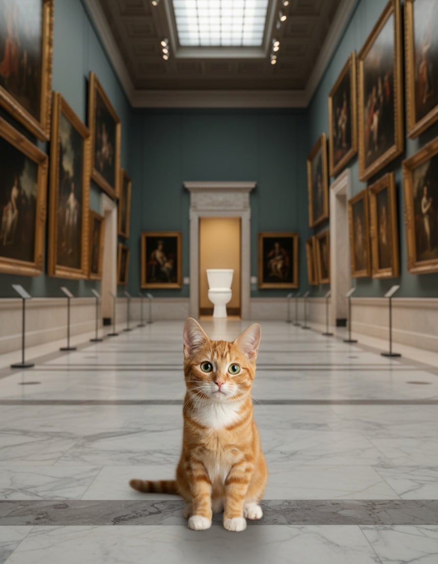 A ginger tabby cat hurries urgently through a museum hall toward an open door showing a toilet.