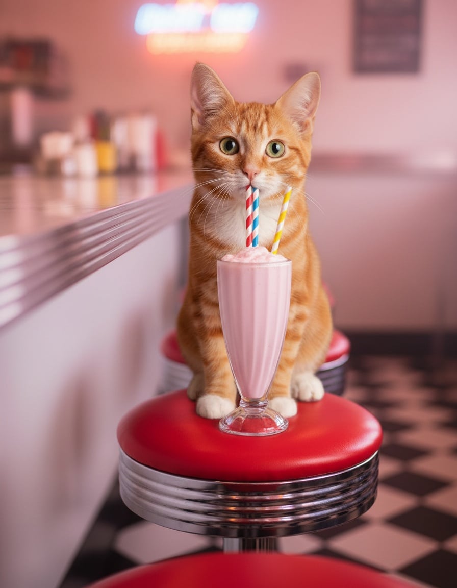 A ginger tabby cat at a retro diner sips a milkshake through three straws at once.