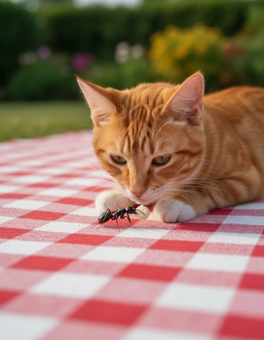 A ginger tabby cat on a picnic blanket stares closely at one lone ant carrying a crumb.
