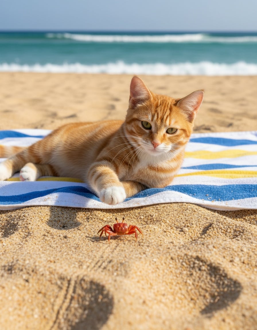 A ginger tabby cat on a beach towel beckons a small red crab that is walking toward her.